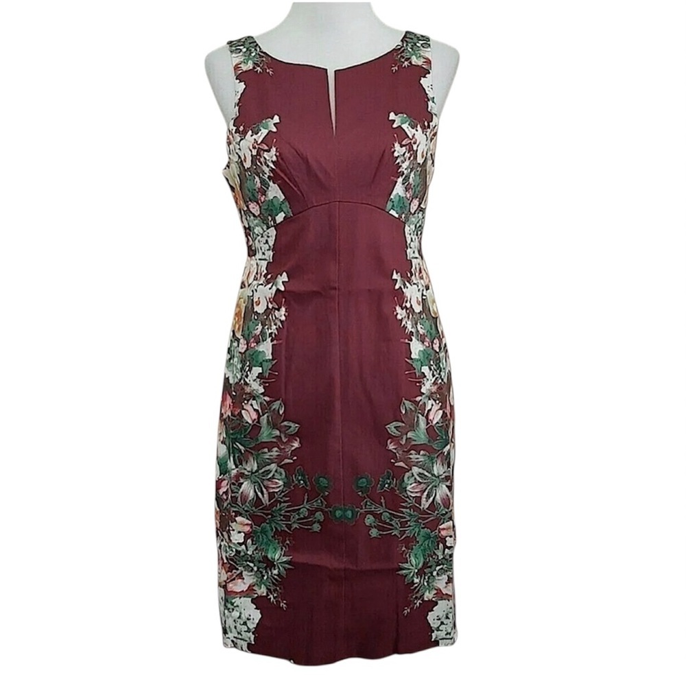 Burgundy Floral Sheath Dress Knee Length Empire Waist Pinup Style ModCloth